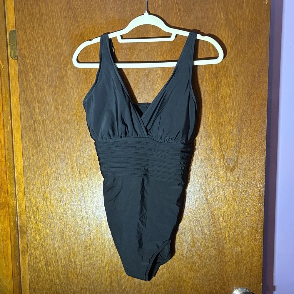 Aqua Green Black One Piece Swimsuit - Picture 1 of 7
